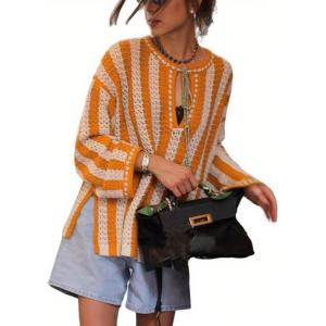 imageCHARTOU Women Striped Crochet Knit Tops Long Sleeve Color Block Fall Pullover SweaterYellow