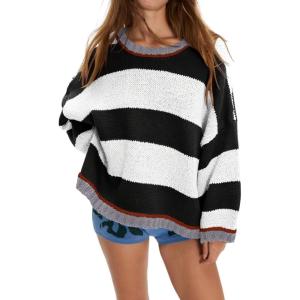 imageCHARTOU Women Sweater Fall 2025 Oversized Color Block Striped Long Sleeve Loose Pullover Sweater Knitted TopsBlack