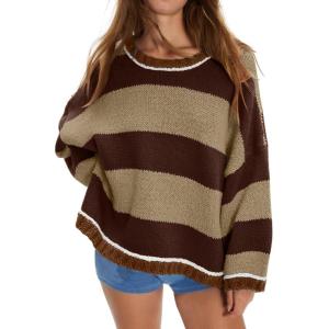 imageCHARTOU Women Sweater Fall 2025 Oversized Color Block Striped Long Sleeve Loose Pullover Sweater Knitted TopsBrown