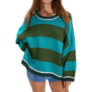 imageCHARTOU Women Sweater Fall 2025 Oversized Color Block Striped Long Sleeve Loose Pullover Sweater Knitted TopsGreen