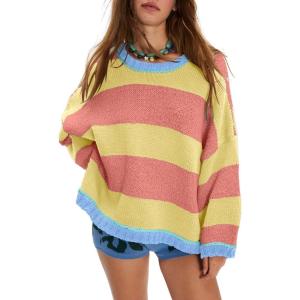 imageCHARTOU Women Sweater Fall 2025 Oversized Color Block Striped Long Sleeve Loose Pullover Sweater Knitted TopsYellow