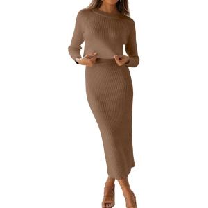 imageCHARTOU Women Two Piece Sweater Skirt Set Outfits Knit Sweater Top Pullover Knitted Slit Bodycon Pencil SkirtBrown