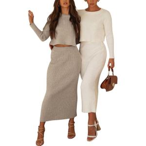 imageCHARTOU Women Two Piece Sweater Skirt Set Outfits Knit Sweater Top Pullover Knitted Slit Bodycon Pencil SkirtWhite