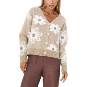 imageCHARTOU Women V Neck Floral Furry Crop Cardigan Knitted Button Down Cashmere Sweater Fall OutfitsApricot
