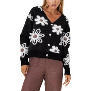 imageCHARTOU Women V Neck Floral Furry Crop Cardigan Knitted Button Down Cashmere Sweater Fall OutfitsBlack
