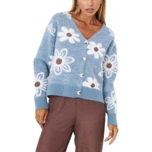 imageCHARTOU Women V Neck Floral Furry Crop Cardigan Knitted Button Down Cashmere Sweater Fall OutfitsBlue