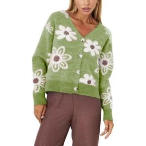 imageCHARTOU Women V Neck Floral Furry Crop Cardigan Knitted Button Down Cashmere Sweater Fall OutfitsGreen