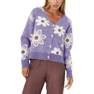 imageCHARTOU Women V Neck Floral Furry Crop Cardigan Knitted Button Down Cashmere Sweater Fall OutfitsPurple