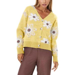 imageCHARTOU Women V Neck Floral Furry Crop Cardigan Knitted Button Down Cashmere Sweater Fall OutfitsYellow
