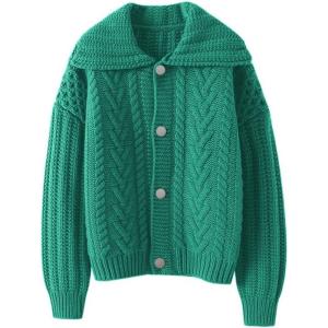 imageCHARTOU Women Winter Thick Cardigan Lapel Collar Button Down Chunky Knit Coatigan Sweater JacketGreen