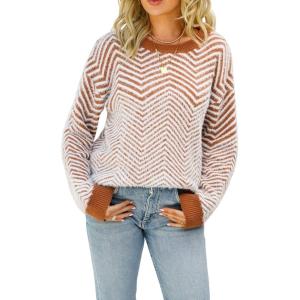 imageCHARTOU Women Zigzag Fuzzy Sweater Pullover Long Sleeve Crewneck Knit Sweater Jersey JumperBrown