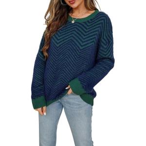 imageCHARTOU Women Zigzag Fuzzy Sweater Pullover Long Sleeve Crewneck Knit Sweater Jersey JumperNavy