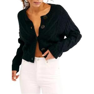 imageCHARTOU Womens Cable Knit Cropped Cardigan V Neck Button Down Long Sleeve Open Front Sweater Casual Crochet Knitted JacketBlack