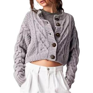imageCHARTOU Womens Cable Knit Cropped Cardigan V Neck Button Down Long Sleeve Open Front Sweater Casual Crochet Knitted JacketGrey