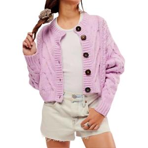 imageCHARTOU Womens Cable Knit Cropped Cardigan V Neck Button Down Long Sleeve Open Front Sweater Casual Crochet Knitted JacketPink