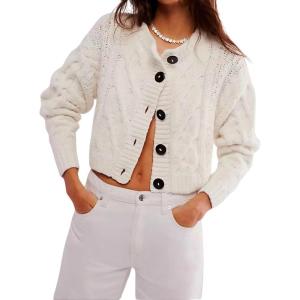 imageCHARTOU Womens Cable Knit Cropped Cardigan V Neck Button Down Long Sleeve Open Front Sweater Casual Crochet Knitted JacketWhite
