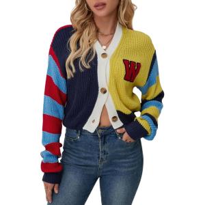 imageCHARTOU Womens Colorful Letter Cable Knit Sweaters Cardigan V Neck Button Down Color Block Y2k Outfits 2024Color Block