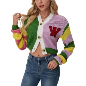 imageCHARTOU Womens Colorful Letter Cable Knit Sweaters Cardigan V Neck Button Down Color Block Y2k Outfits 2024Green