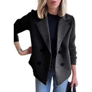 imageCHARTOU Womens Cropped Wool Blend Coat Fall Knit Sweater Blazer Notch Lapel Double Breasted Pea Coat JacketBlack