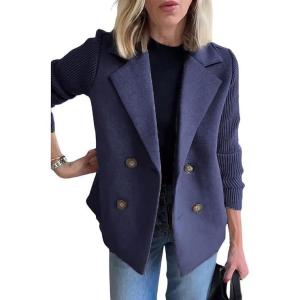 imageCHARTOU Womens Cropped Wool Blend Coat Fall Knit Sweater Blazer Notch Lapel Double Breasted Pea Coat JacketDark Blue