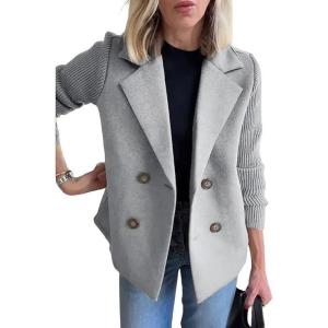 imageCHARTOU Womens Cropped Wool Blend Coat Fall Knit Sweater Blazer Notch Lapel Double Breasted Pea Coat JacketGrey