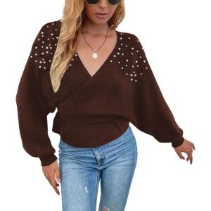 imageCHARTOU Womens Elegant v Neck Pearls Beaded Batwing Sleeve Knit Wrap Peplum SweaterCoffee