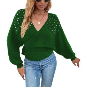 imageCHARTOU Womens Elegant v Neck Pearls Beaded Batwing Sleeve Knit Wrap Peplum SweaterGreen