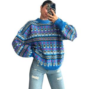 imageCHARTOU Womens Floral Crewneck Knit Sweater Pullover Lantern Long Sleeve Soft Cardigans Fall Loose OutwearsBlue