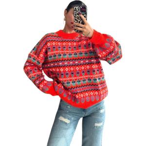imageCHARTOU Womens Floral Crewneck Knit Sweater Pullover Lantern Long Sleeve Soft Cardigans Fall Loose OutwearsRed