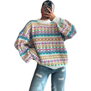 imageCHARTOU Womens Floral Crewneck Knit Sweater Pullover Lantern Long Sleeve Soft Cardigans Fall Loose OutwearsWhite