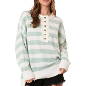 imageCHARTOU Womens Half Buttons Pullover Sweater Oversized Contrast Striped Knit Y2k Fall Sweater JumpersCyan