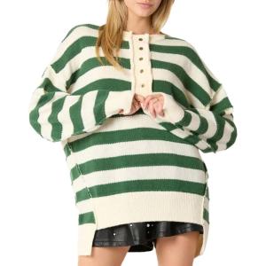 imageCHARTOU Womens Half Buttons Pullover Sweater Oversized Contrast Striped Knit Y2k Fall Sweater JumpersGreen