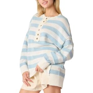 imageCHARTOU Womens Half Buttons Pullover Sweater Oversized Contrast Striped Knit Y2k Fall Sweater JumpersLight Blue