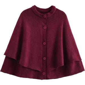 imageCHARTOU Womens Knit Button Down Cape Shawl Cardigan Crew Neck Cloak Sweater Coat Fall Elegant Poncho JacketBurgundy