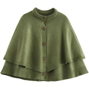 imageCHARTOU Womens Knit Button Down Cape Shawl Cardigan Crew Neck Cloak Sweater Coat Fall Elegant Poncho JacketGreen