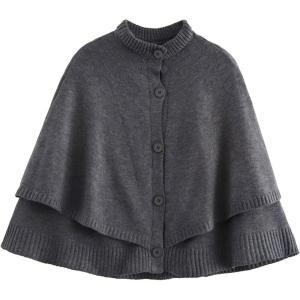 imageCHARTOU Womens Knit Button Down Cape Shawl Cardigan Crew Neck Cloak Sweater Coat Fall Elegant Poncho JacketGrey