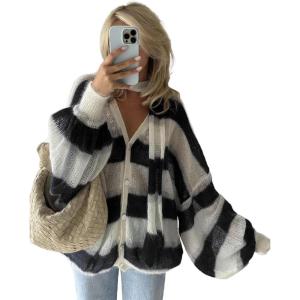 imageCHARTOU Womens Lightweight Oversized Cardigan Lantern Sleeve Contrast Striped Sweater Fall OutfitsBlack