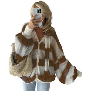 imageCHARTOU Womens Lightweight Oversized Cardigan Lantern Sleeve Contrast Striped Sweater Fall OutfitsCamel