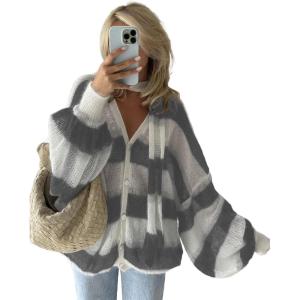 imageCHARTOU Womens Lightweight Oversized Cardigan Lantern Sleeve Contrast Striped Sweater Fall OutfitsGrey
