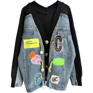 imageCHARTOU Womens Oversized Open Front Cardigan Jean Patchwork Rib Knit Sweater CoatsBlack