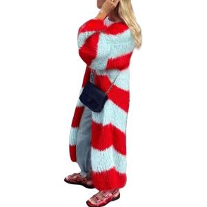 imageCHARTOU Womens Slouchy Fuzzy Chunky Knit Open Front Cardigan Stripe Color Block Lantern Sleeve Long SweaterRed