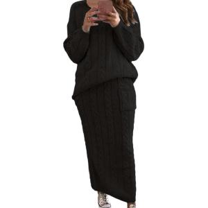 imageCHARTOU Womens Winter Chunky Cable Knit Long Skirt 2 Piece Outfit Sweater SetsBlack
