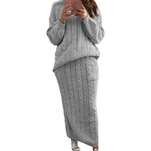 imageCHARTOU Womens Winter Chunky Cable Knit Long Skirt 2 Piece Outfit Sweater SetsGrey