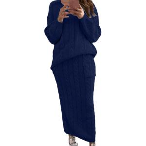 imageCHARTOU Womens Winter Chunky Cable Knit Long Skirt 2 Piece Outfit Sweater SetsNavy