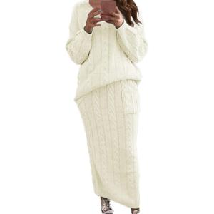 imageCHARTOU Womens Winter Chunky Cable Knit Long Skirt 2 Piece Outfit Sweater SetsWhite