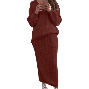 imageCHARTOU Womens Winter Chunky Cable Knit Long Skirt 2 Piece Outfit Sweater SetsWine Red
