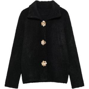 imageCHARTOU Womens Winter Faux Fur Knit Cardigan Jacket Elegant Floral Button Lapel Long Sleeve Sweater CoatsBlack