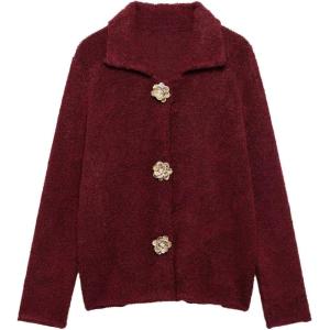 imageCHARTOU Womens Winter Faux Fur Knit Cardigan Jacket Elegant Floral Button Lapel Long Sleeve Sweater CoatsBurgundy