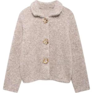 imageCHARTOU Womens Winter Faux Fur Knit Cardigan Jacket Elegant Floral Button Lapel Long Sleeve Sweater CoatsKhaki