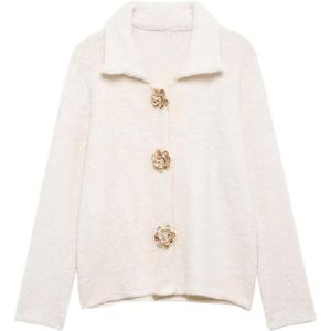 imageCHARTOU Womens Winter Faux Fur Knit Cardigan Jacket Elegant Floral Button Lapel Long Sleeve Sweater CoatsWhite